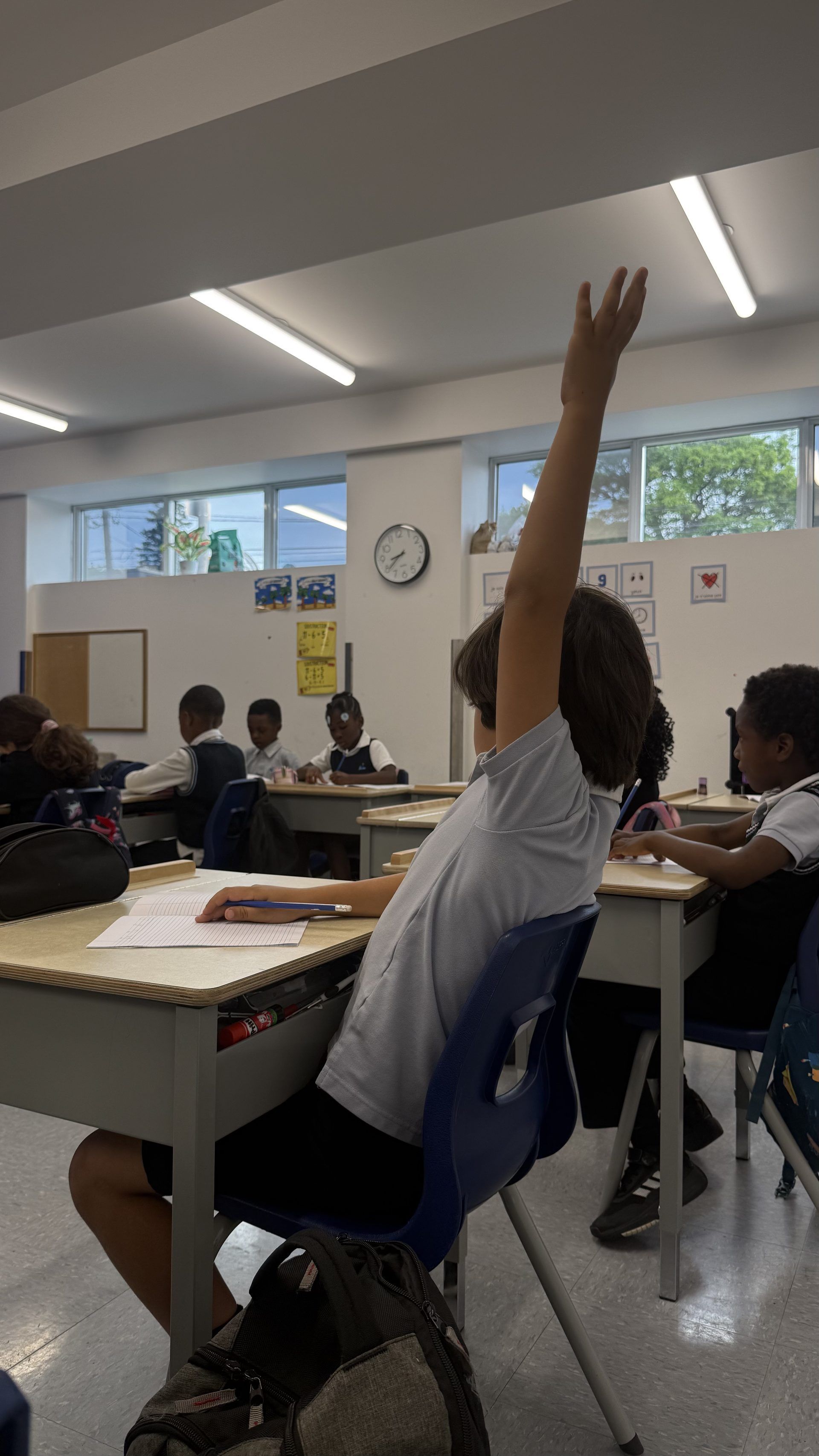 Élève du primaire levant la main pour participer pendant le cours